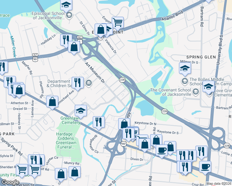 map of restaurants, bars, coffee shops, grocery stores, and more near 2050 Art Museum Drive in Jacksonville
