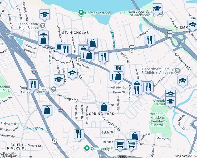 map of restaurants, bars, coffee shops, grocery stores, and more near 2134 Camden Avenue in Jacksonville
