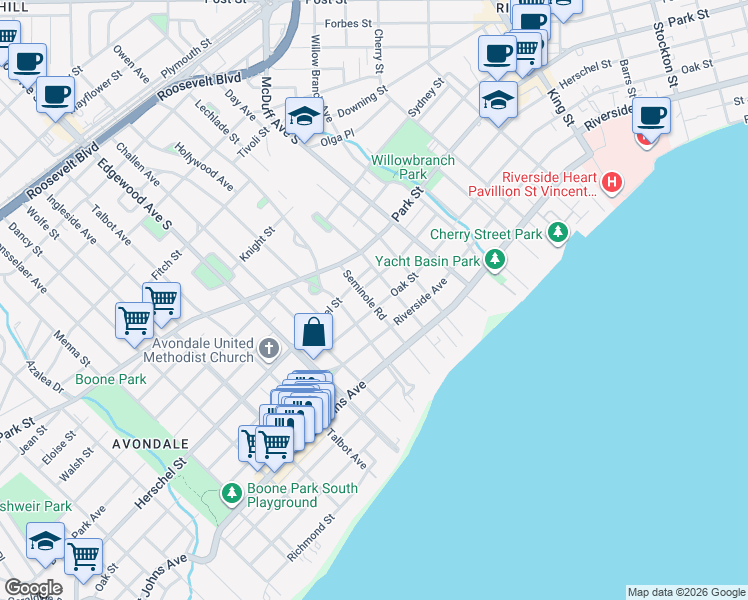 map of restaurants, bars, coffee shops, grocery stores, and more near 1648 Seminole Road in Jacksonville