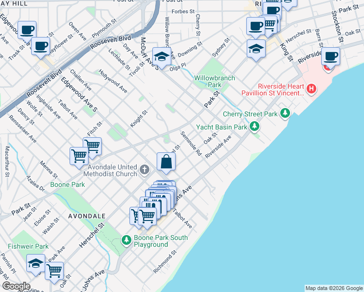 map of restaurants, bars, coffee shops, grocery stores, and more near 1616 Avondale Avenue in Jacksonville