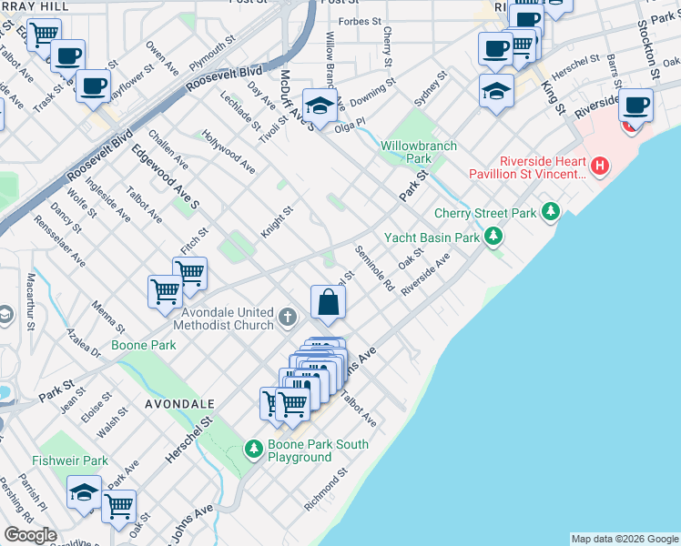 map of restaurants, bars, coffee shops, grocery stores, and more near 1616 Avondale Avenue in Jacksonville