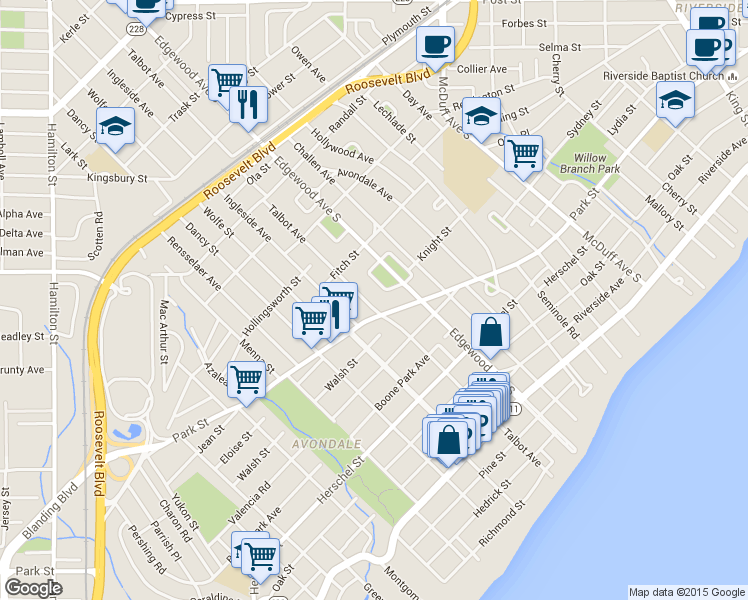 map of restaurants, bars, coffee shops, grocery stores, and more near 3552 Park Street in Jacksonville