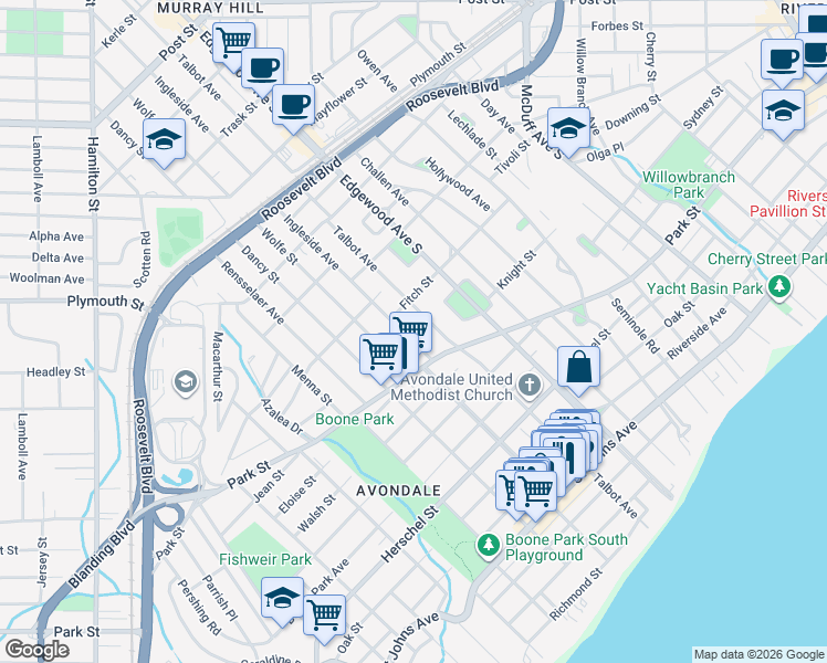 map of restaurants, bars, coffee shops, grocery stores, and more near 1448 Ingleside Avenue in Jacksonville