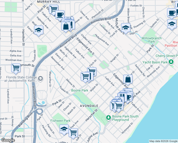 map of restaurants, bars, coffee shops, grocery stores, and more near in Jacksonville