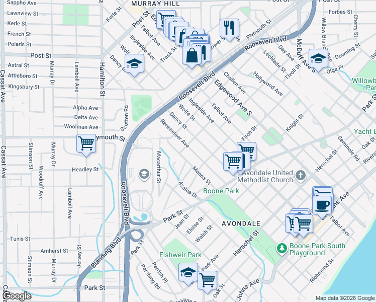 map of restaurants, bars, coffee shops, grocery stores, and more near 1310 Menna Street in Jacksonville