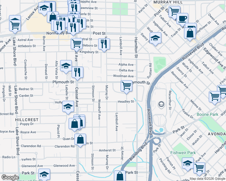 map of restaurants, bars, coffee shops, grocery stores, and more near 1237 Murray Drive in Jacksonville