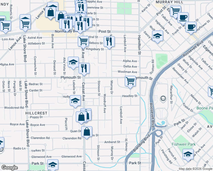 map of restaurants, bars, coffee shops, grocery stores, and more near 1244 Woodruff Avenue in Jacksonville