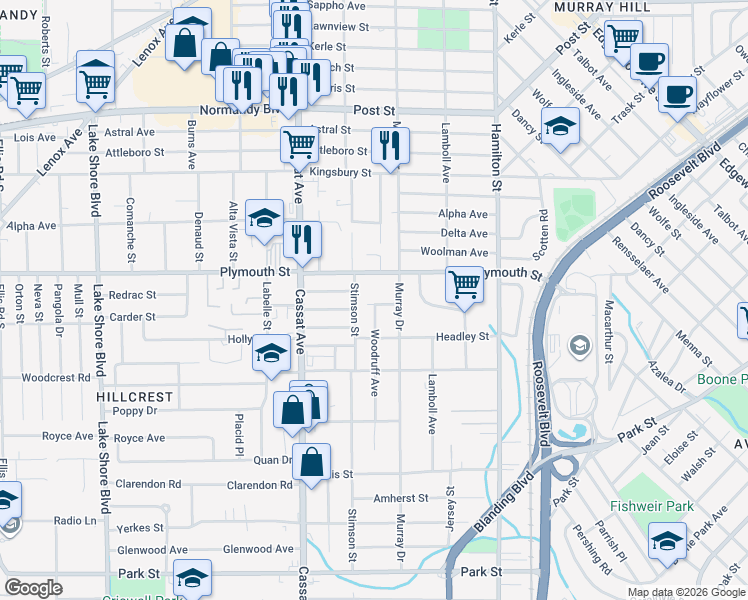 map of restaurants, bars, coffee shops, grocery stores, and more near 1244 Woodruff Avenue in Jacksonville