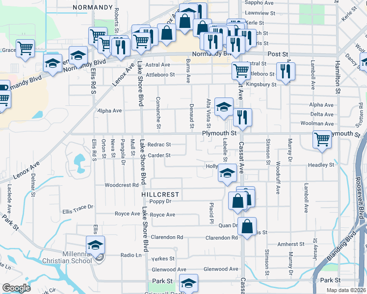 map of restaurants, bars, coffee shops, grocery stores, and more near 1269 Denaud Street in Jacksonville