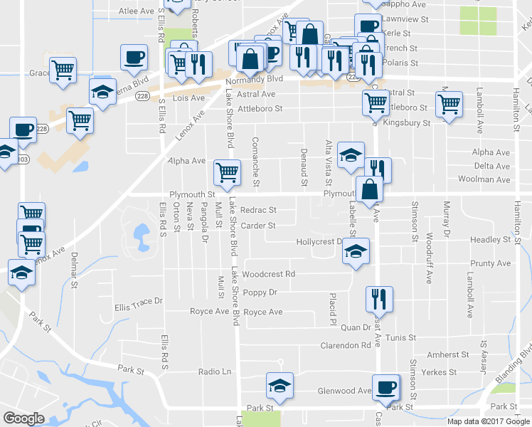 map of restaurants, bars, coffee shops, grocery stores, and more near 5242 Carder Street in Jacksonville