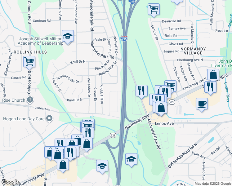 map of restaurants, bars, coffee shops, grocery stores, and more near 1129 South Skye Drive in Jacksonville