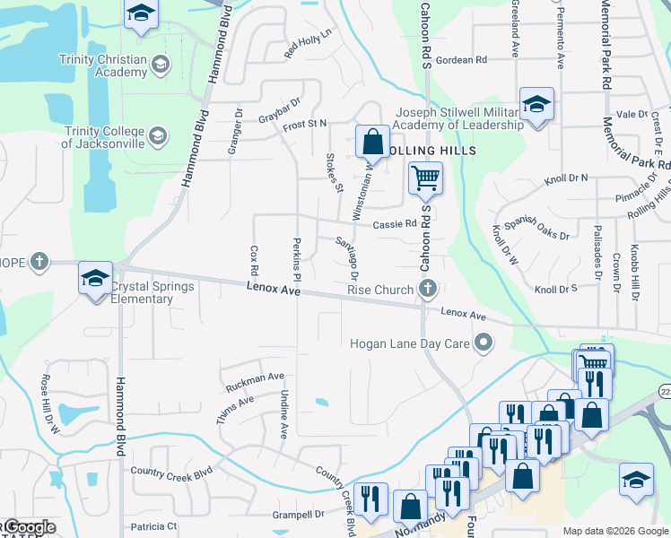 map of restaurants, bars, coffee shops, grocery stores, and more near 8310 Santman Court in Jacksonville