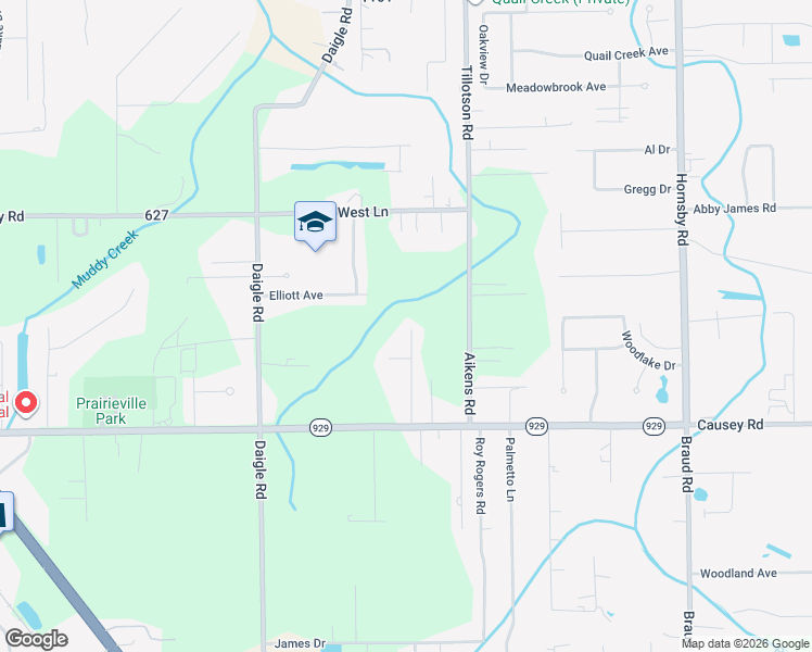 map of restaurants, bars, coffee shops, grocery stores, and more near 16097 Tiger Heights Road in Prairieville
