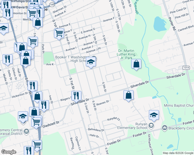 map of restaurants, bars, coffee shops, grocery stores, and more near 1027 Booker T Washington Street in Conroe