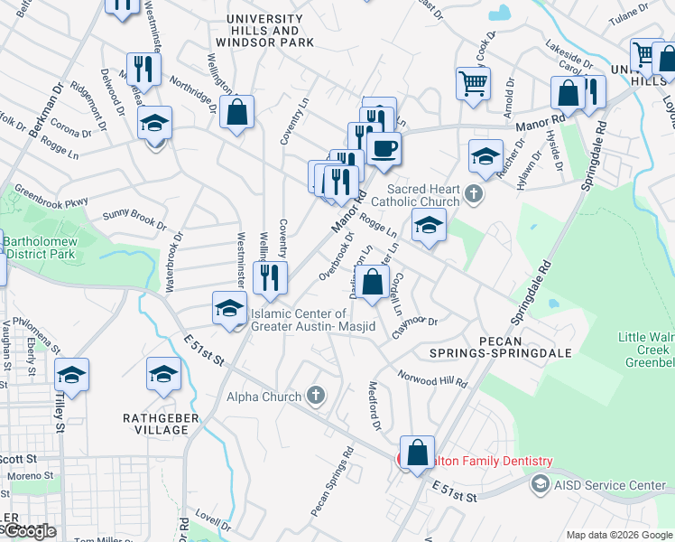 map of restaurants, bars, coffee shops, grocery stores, and more near 5500 Darlington Lane in Austin