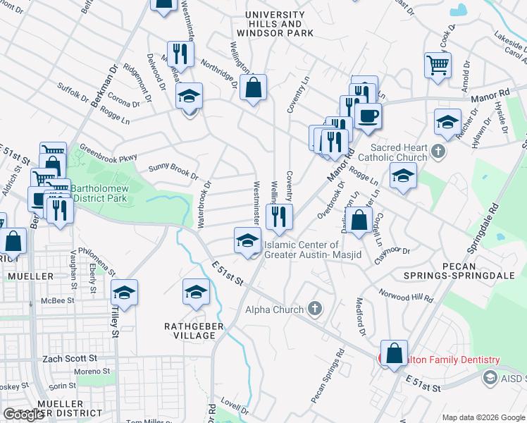 map of restaurants, bars, coffee shops, grocery stores, and more near 5306 Wellington Drive in Austin