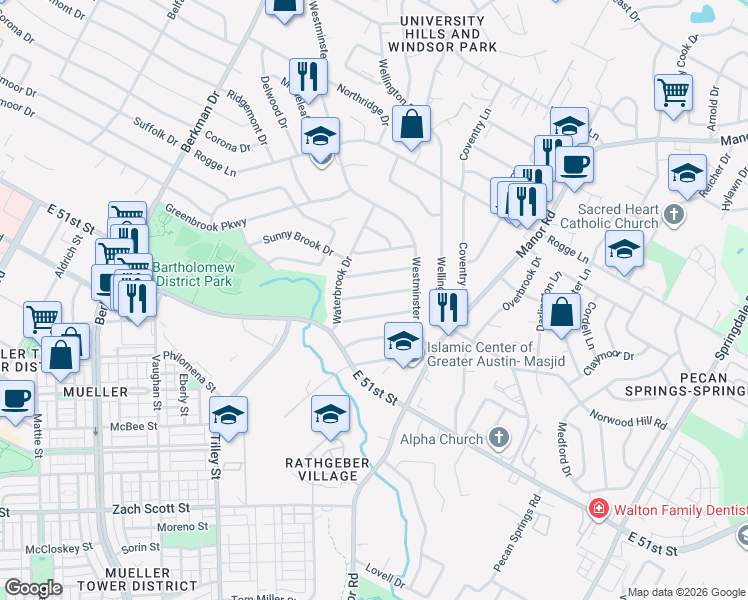 map of restaurants, bars, coffee shops, grocery stores, and more near 5106 Ravensdale Lane in Austin