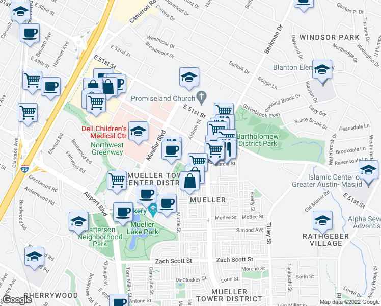 map of restaurants, bars, coffee shops, grocery stores, and more near 2200 Aldrich Street in Austin