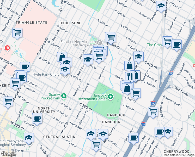 map of restaurants, bars, coffee shops, grocery stores, and more near 513 East 41st Street in Austin