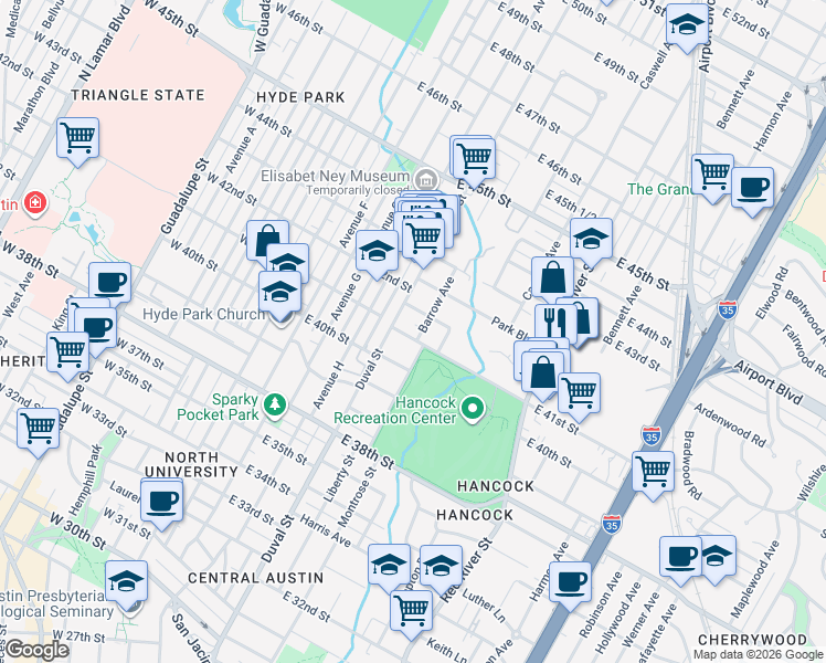 map of restaurants, bars, coffee shops, grocery stores, and more near 513 East 41st Street in Austin