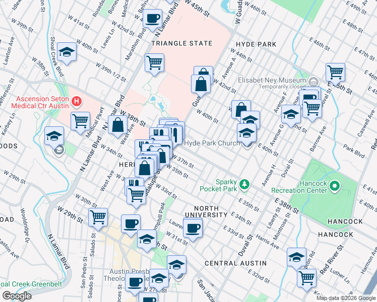 map of restaurants, bars, coffee shops, grocery stores, and more near in Austin