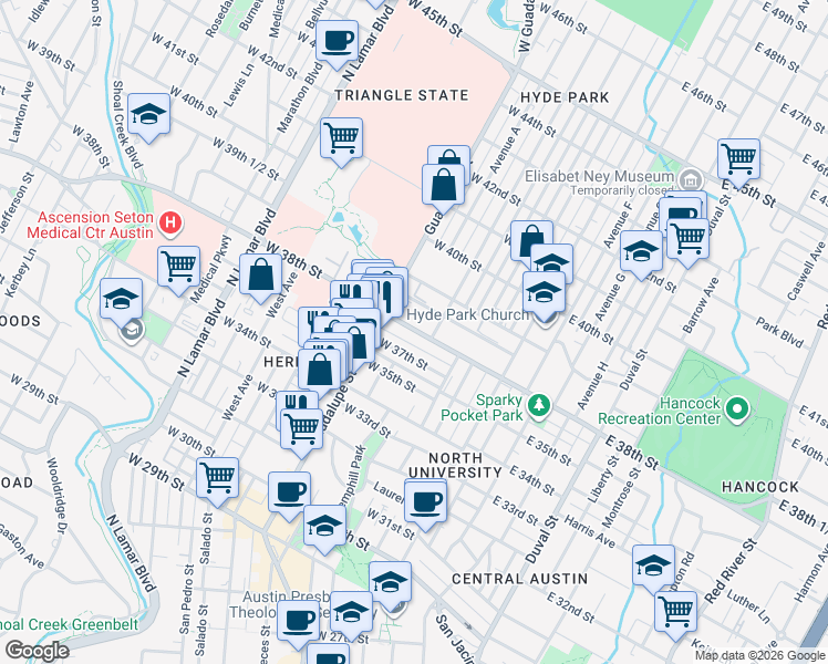 map of restaurants, bars, coffee shops, grocery stores, and more near in Austin