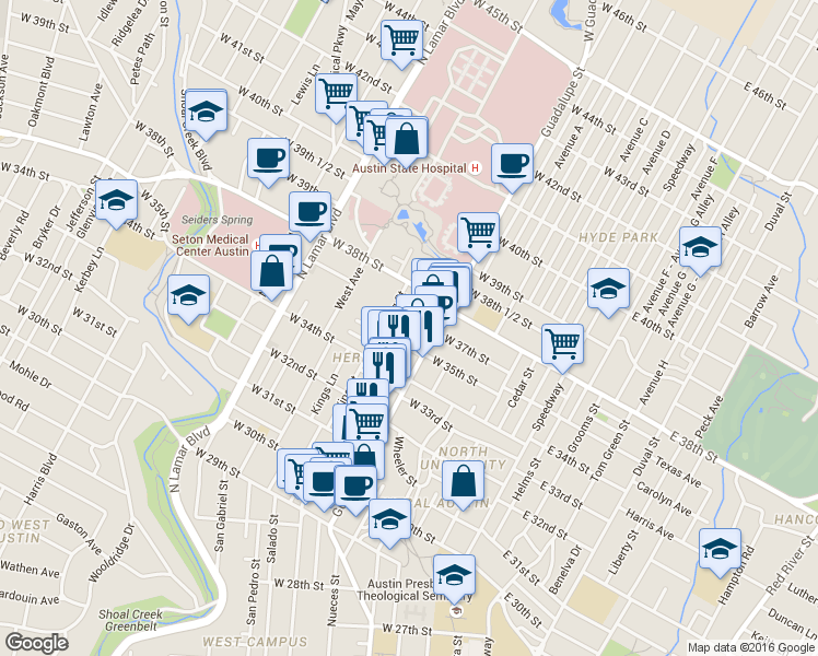 map of restaurants, bars, coffee shops, grocery stores, and more near 610 West 35th Street in Austin