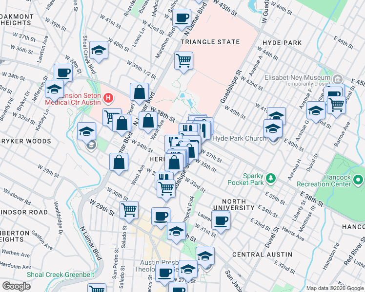 map of restaurants, bars, coffee shops, grocery stores, and more near 610 West 35th Street in Austin