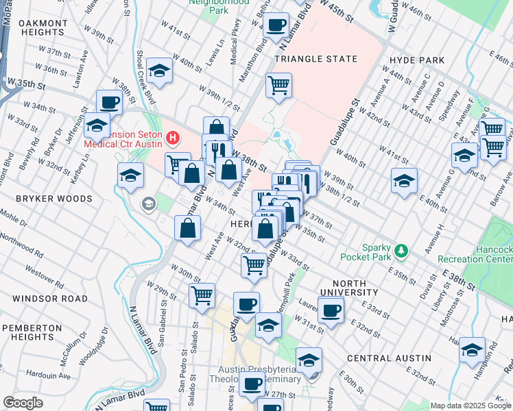 map of restaurants, bars, coffee shops, grocery stores, and more near 704 West 34th Street in Austin