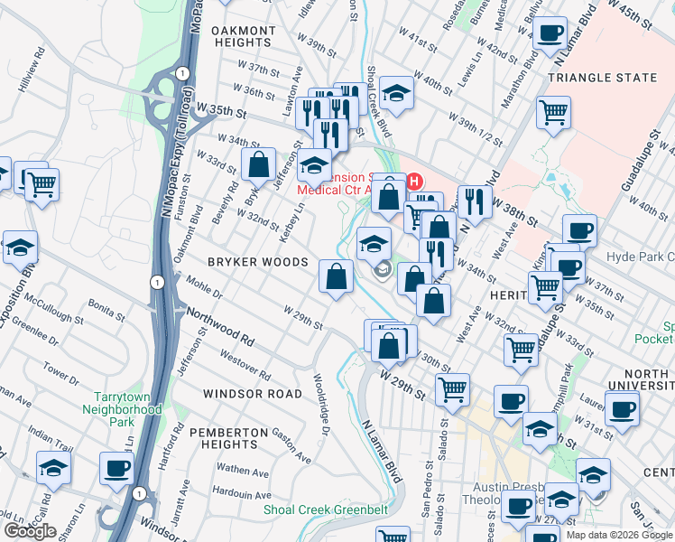 map of restaurants, bars, coffee shops, grocery stores, and more near 3010 Oakhurst Avenue in Austin
