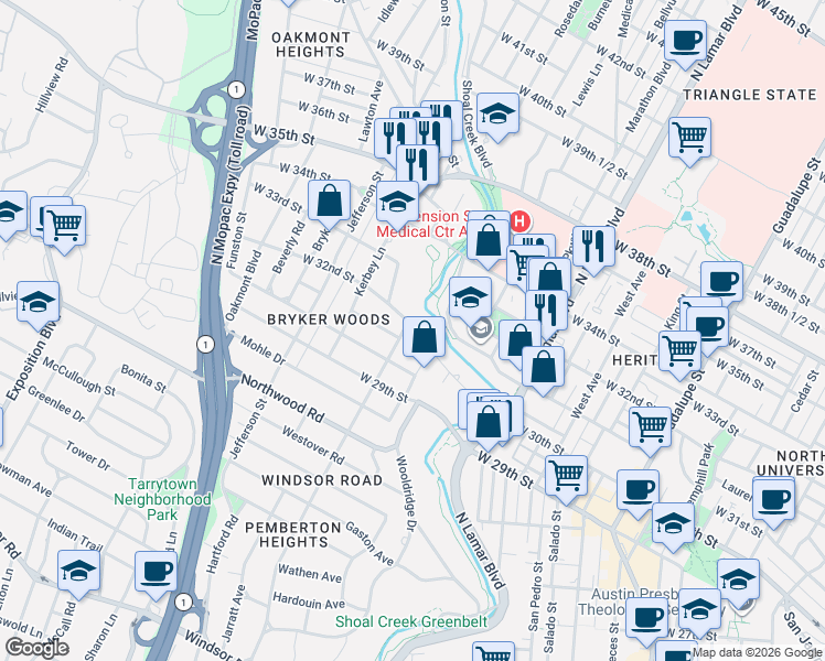 map of restaurants, bars, coffee shops, grocery stores, and more near 3010 Oakhurst Avenue in Austin