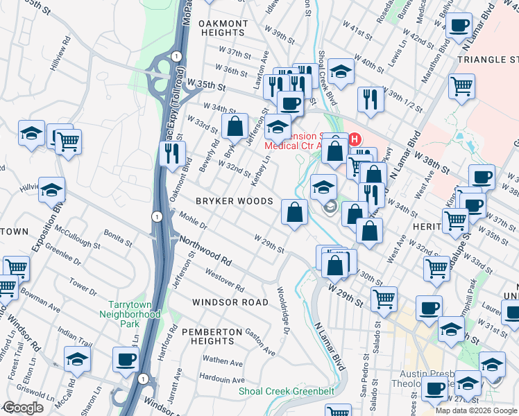 map of restaurants, bars, coffee shops, grocery stores, and more near 1504 West 30th Street in Austin