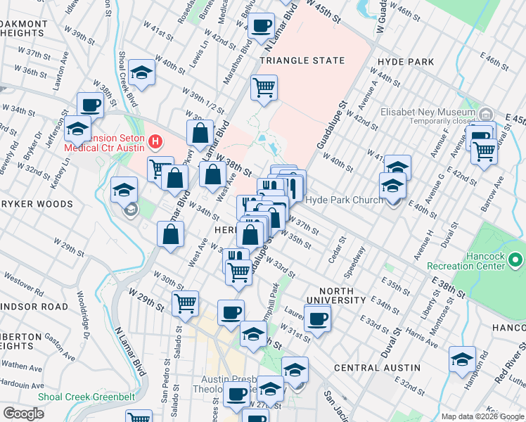 map of restaurants, bars, coffee shops, grocery stores, and more near 610 West 35th Street in Austin
