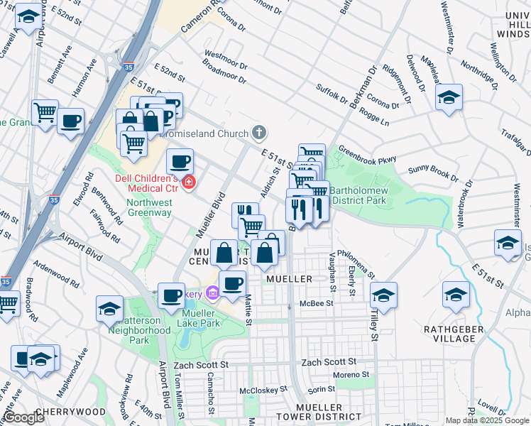 map of restaurants, bars, coffee shops, grocery stores, and more near 2401 Aldrich Street in Austin