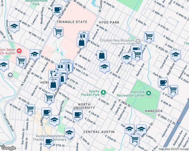 map of restaurants, bars, coffee shops, grocery stores, and more near 109 West 39th Street in Austin