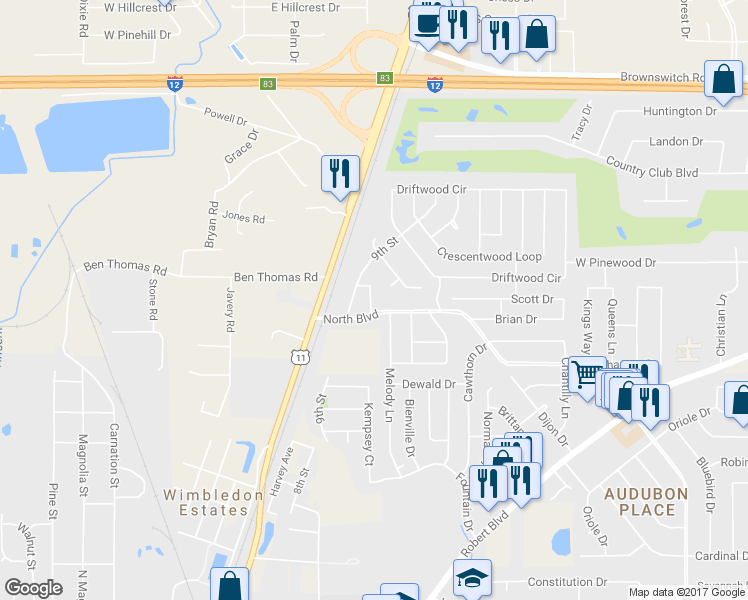 map of restaurants, bars, coffee shops, grocery stores, and more near 113 North Boulevard in Slidell