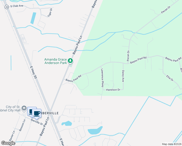 map of restaurants, bars, coffee shops, grocery stores, and more near 5474 Bayou Paul Road in Saint Gabriel