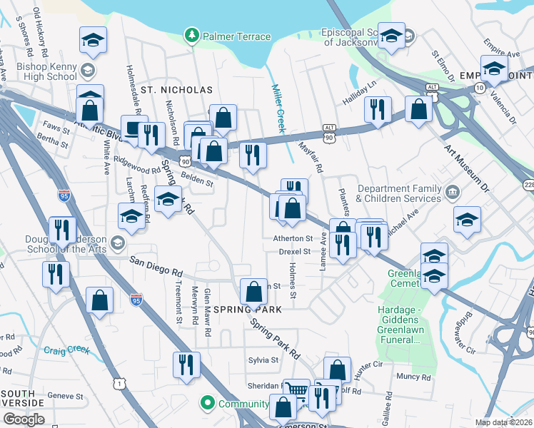 map of restaurants, bars, coffee shops, grocery stores, and more near 3456 Schumacher Avenue in Jacksonville