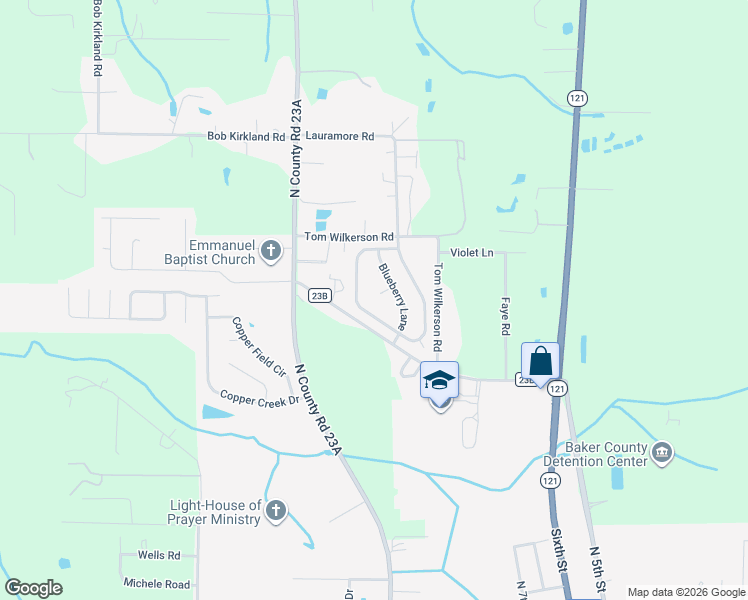 map of restaurants, bars, coffee shops, grocery stores, and more near 5530 Huckleberry Trail East in Macclenny