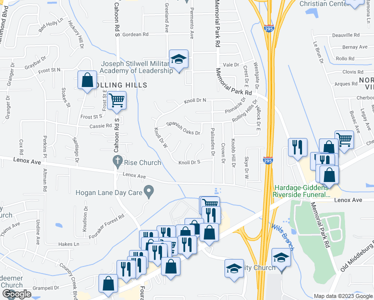 map of restaurants, bars, coffee shops, grocery stores, and more near 1177 Hickory Cove in Jacksonville