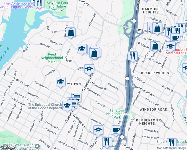 map of restaurants, bars, coffee shops, grocery stores, and more near 2625 Exposition Boulevard in Austin