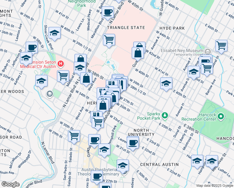 map of restaurants, bars, coffee shops, grocery stores, and more near 605 West 37th Street in Austin
