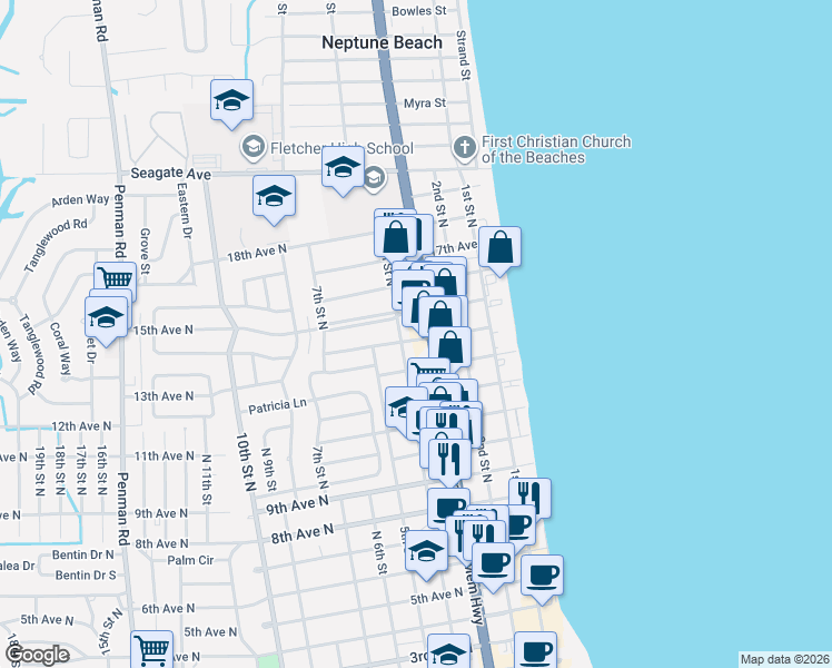 map of restaurants, bars, coffee shops, grocery stores, and more near 1504 3rd Street North in Jacksonville Beach