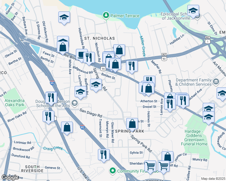 map of restaurants, bars, coffee shops, grocery stores, and more near 2262 Kenneth Street in Jacksonville