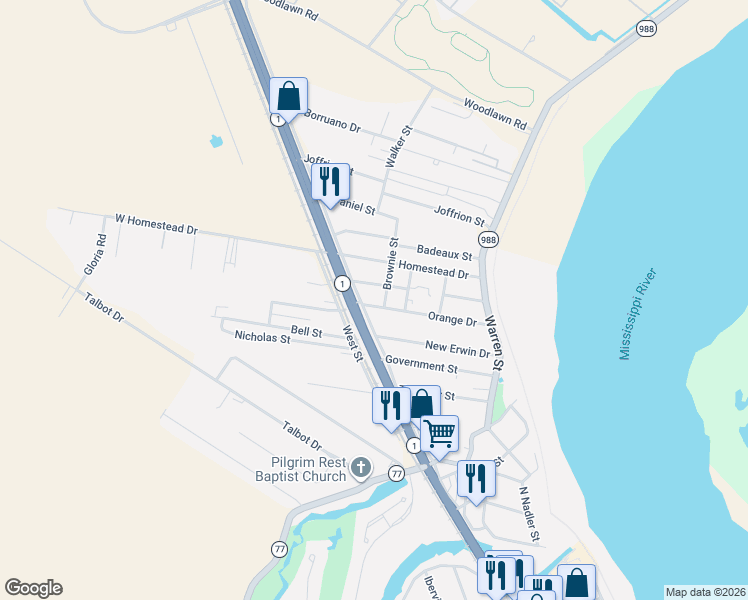 map of restaurants, bars, coffee shops, grocery stores, and more near 57899 Orange Drive in Plaquemine