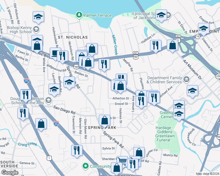 map of restaurants, bars, coffee shops, grocery stores, and more near 3456 Schumacher Avenue in Jacksonville