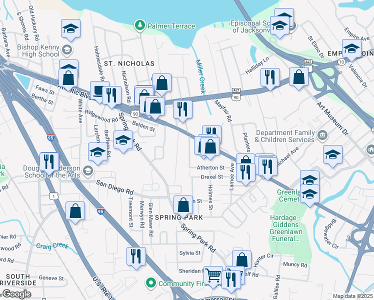 map of restaurants, bars, coffee shops, grocery stores, and more near 3456 Schumacher Avenue in Jacksonville