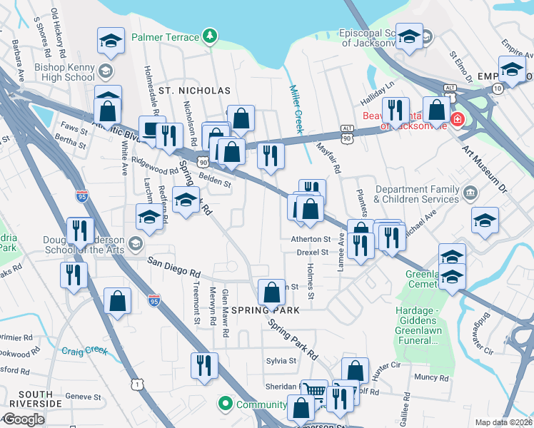 map of restaurants, bars, coffee shops, grocery stores, and more near 3456 Schumacher Avenue in Jacksonville