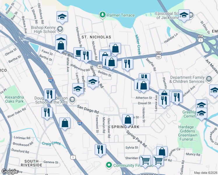 map of restaurants, bars, coffee shops, grocery stores, and more near 2262 Kenneth Street in Jacksonville