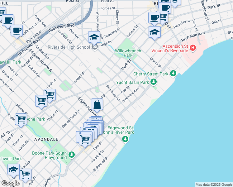 map of restaurants, bars, coffee shops, grocery stores, and more near 1648 Seminole Road in Jacksonville